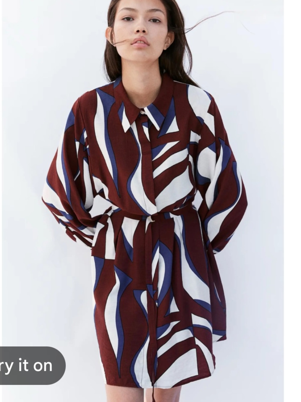 H&M Abstract Mini Shirt Dress in Burgundy, Cream & Blue